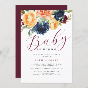 Invitación Floral bebé de la marina de Borgoña en un Baby Sho