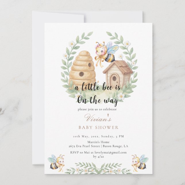 Invitación Floral Beehives and Little Bee Baby Shower (Anverso)