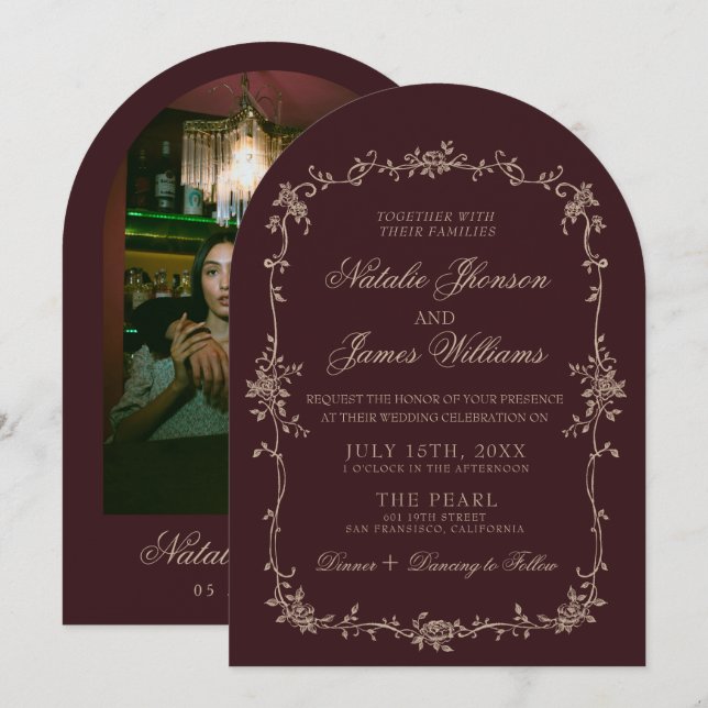 Invitación Floral Beige Burgundy Old Money Arched Wedding (Anverso / Reverso)