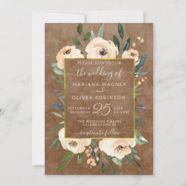 Invitación Floral Beige Rubor Rosas Gold Brown Boda