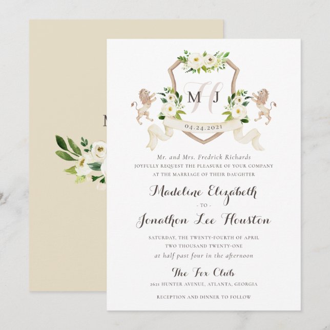 Invitación Floral Beige White Greenerenery Elegante Escudo de (Anverso / Reverso)
