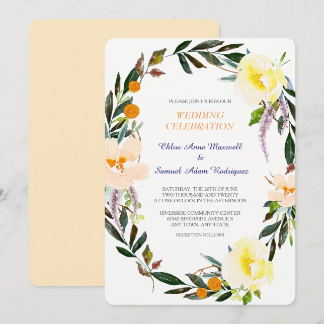 Invitación Floral Berry Rosas salvajes Wreath Wedding Invitac (Anverso / Reverso)