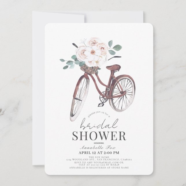 Invitación Floral Bicicleta Watercolor Bridal Shower (Anverso)