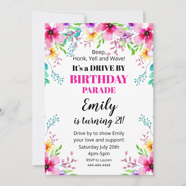 Invitación Floral Birthday Drive By Parade Invitat (Anverso)