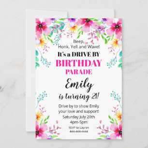 Invitación Floral Birthday Drive By Parade Invitat