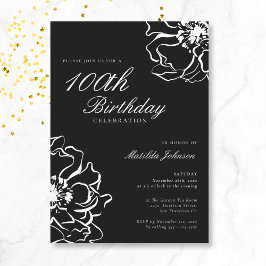 Invitación Floral Black and White 100 cumpleaños