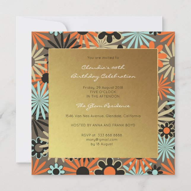 Invitación Floral Black Aquamarine Meadow Event Birday Gold (Anverso)