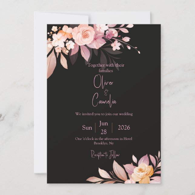 Invitación Floral Black & Blush Rose Wedding  (Anverso)
