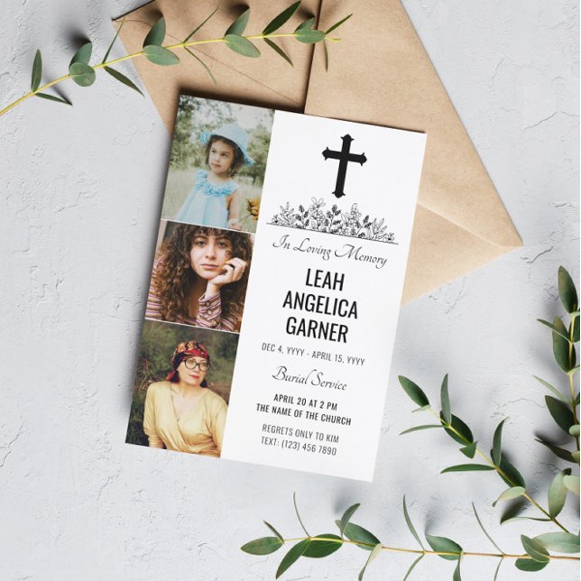Invitación Floral Black Cross 3 fotos Servicio de entierro bl (Subido por el creador)