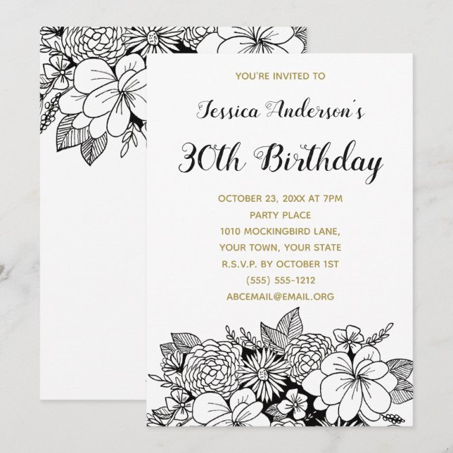 Invitación Floral Black Gold Invite a cumplir 30 años (Anverso / Reverso)