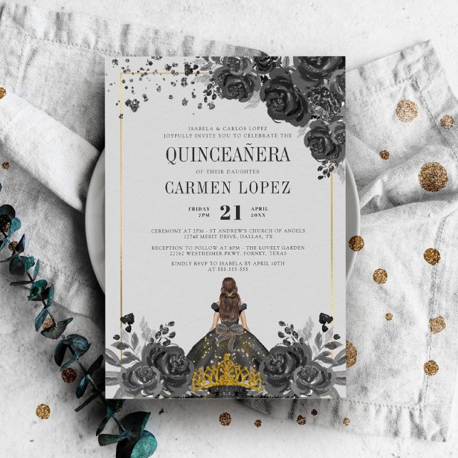 Invitación Floral Black Gold Princess Birthday Quinceanera (Subido por el creador)