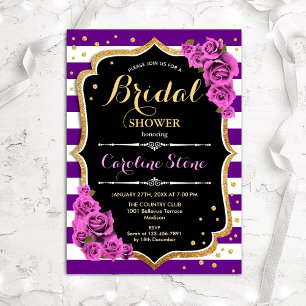 Invitación Floral Black Gold Purple Stripes Bridal Shower