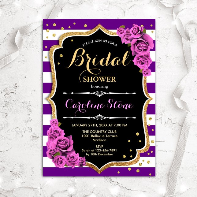Invitación Floral Black Gold Purple Stripes Bridal Shower (Subido por el creador)