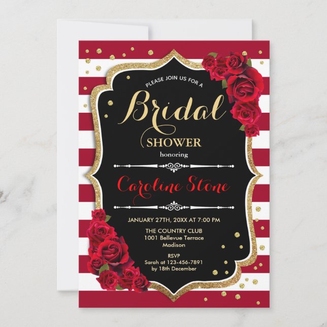 Invitación Floral Black Gold Red Stripes Bridal Shower (Anverso)