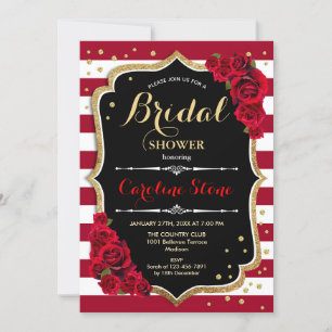 Invitación Floral Black Gold Red Stripes Bridal Shower
