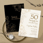 Invitación Floral Black Gold Sorpresa 50 cumpleaños<br><div class="desc">Floral Black Gold Sorpresa 50th Birthday Party Invitation. Diseño moderno minimalista con acentos botánicos y tipo de letra de escritura tipográfica. Sencilla tarjeta de invitación floral perfecta para una elegante celebración de cumpleaños sorpresa femenina. Se puede personalizar a cualquier edad.</div>