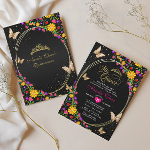 Invitación Floral Black Gold Tiara Butterfly Mis Quinceañera
