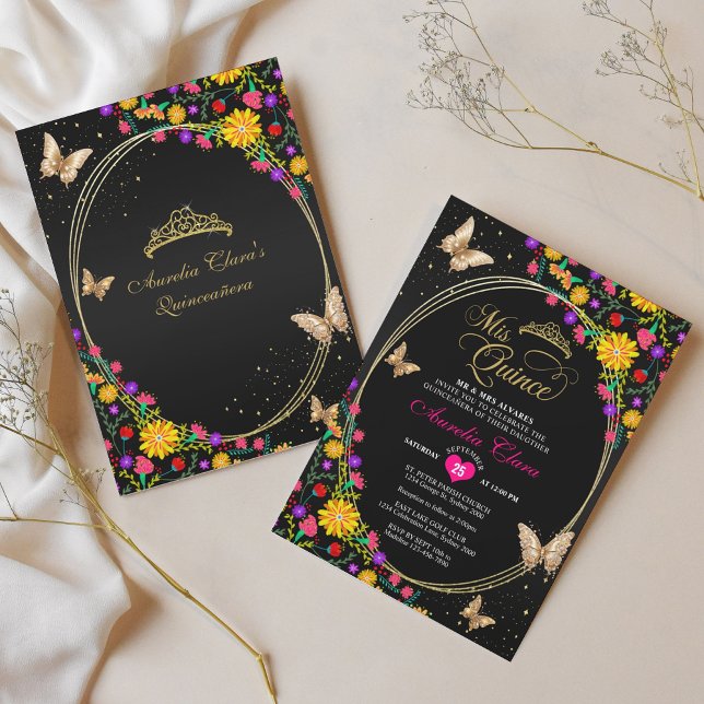 Invitación Floral Black Gold Tiara Butterfly Mis Quinceañera (Subido por el creador)