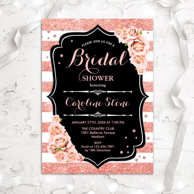 Invitación Floral Black Rosa Gold Stripes Bridal Shower (Subido por el creador)