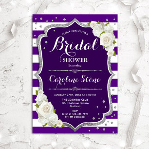 Invitación Floral Black Silver Purple Stripes Bridal Shower