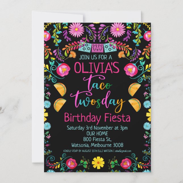 Invitación Floral Black Taco Twosday México 2º cumpleaños (Anverso)