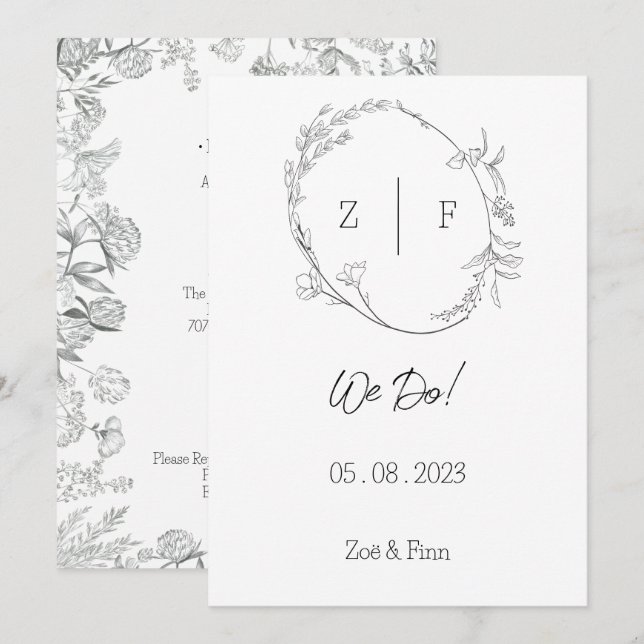 Invitación Floral Black & White Botanical Line Art Invitation (Anverso / Reverso)