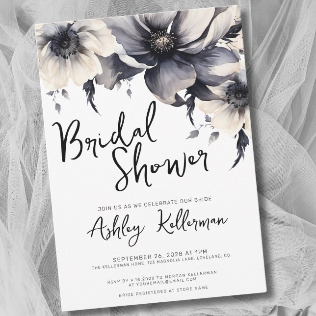 Invitación Floral Black White Bridal Shower (Boho Elegant Floral Black White Bridal Shower Invitation)
