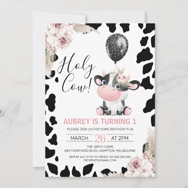 Invitación Floral Black White Cow Imprimir globo 1er cumpleañ (Anverso)