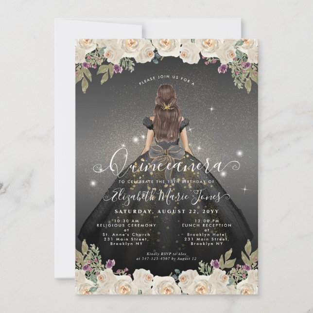 Invitación Floral Black White Gold Glam Princesa Quinceanera (Anverso)