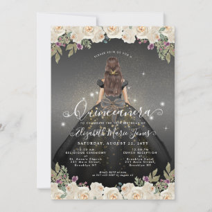 Invitación Floral Black White Gold Glam Princesa Quinceanera