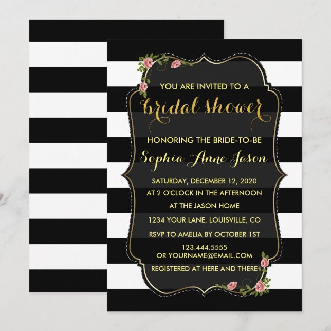 Invitación Floral Black White Stripes Bridal Shower Invite (Anverso / Reverso)