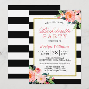 Invitación Floral Black White Stripes Gold Bachelorette Party