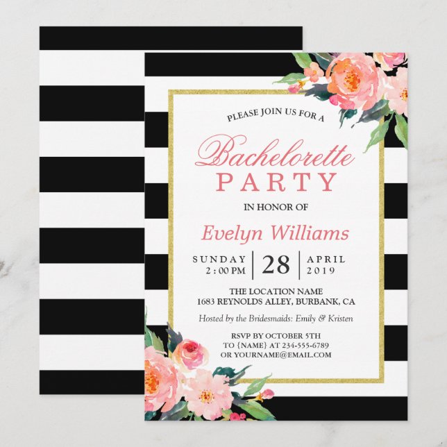 Invitación Floral Black White Stripes Gold Bachelorette Party (Anverso / Reverso)