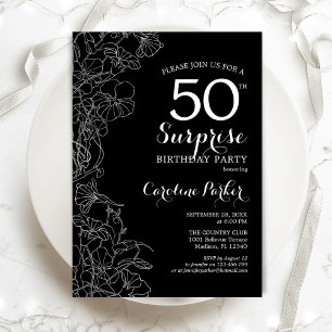 Invitación Floral Black White Surprise Fiesta 50 de Cumpleaño