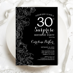 Invitación Floral Black White Surprise, Fiesta de cumpleaños