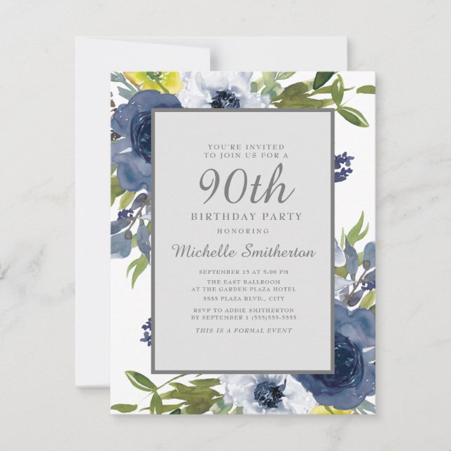 Invitación Floral blanca amarilla de la marina deja 90 cumple (Anverso)