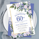 Invitación Floral blanca azul 60 cumpleaños Fiesta sorpresa<br><div class="desc">Honre a una mujer especial con esta elegante y femenina invitación de la Fiesta sorpresa de cumpleaños número 60. Sorpresa y la 60 están escritas en grandes textos azules. Sigue la celebración del cumpleaños. El nombre de la clientela distinguida también está escrito en mayúsculas azules. Los detalles de la celebración...</div>