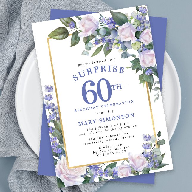 Invitación Floral blanca azul 60 cumpleaños Fiesta sorpresa (Subido por el creador)