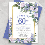 Invitación Floral blanca azul 60 cumpleaños Fiesta sorpresa<br><div class="desc">Honre a una mujer especial con esta elegante y femenina invitación de la Fiesta sorpresa de cumpleaños número 60. Sorpresa y 60 están escritas en grandes textos azules. Sigue la celebración del cumpleaños. El nombre de la persona honrada también está escrito en mayúsculas azules. Los detalles de la celebración de...</div>