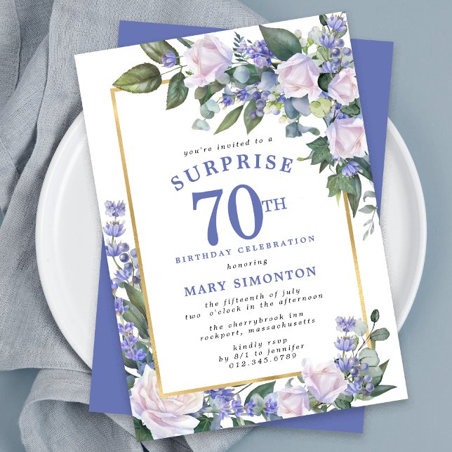 Invitación Floral blanca azul 70º Fiesta sorpresa de cumpleañ (Subido por el creador)