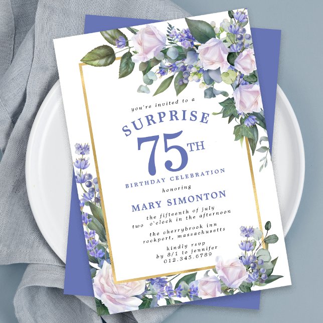 Invitación Floral blanca azul 75º Fiesta sorpresa de cumpleañ (Subido por el creador)