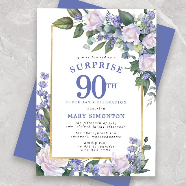Invitación Floral blanca azul 90º Fiesta sorpresa de cumpleañ (Subido por el creador)
