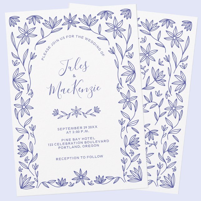 Invitación Floral blanca azul Boda mediterránea (Modern Mediterranean blue and white floral wedding invitation)