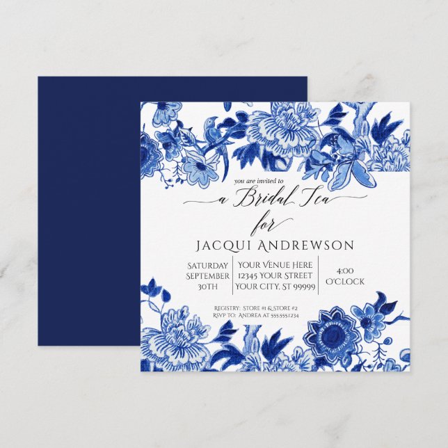 Invitación Floral blanca azul de influencia asiática | Té de  (Anverso / Reverso)