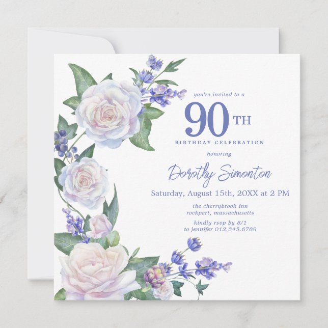 Invitación Floral blanca azul foto 90 cumpleaños cuadrado (Anverso)