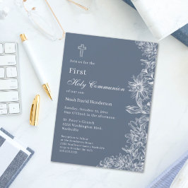 Invitación Floral blanca azul primera comunión sagrada