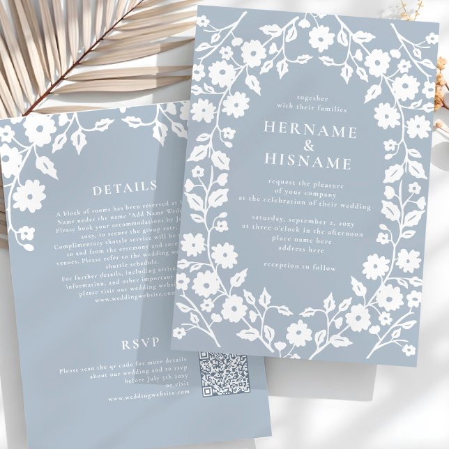 Invitación Floral blanca azul turbia QR RSVP todo en uno Boda (Subido por el creador)