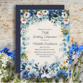 Invitación Floral blanca azul turquesa 75 cumpleaños