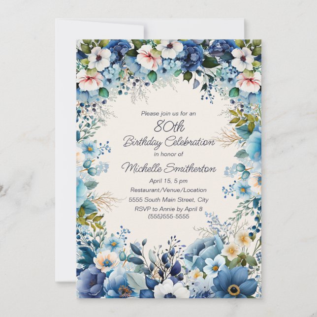 Invitación Floral blanca azul turquesa 75 cumpleaños (Anverso)