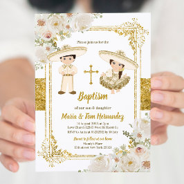 Invitación Floral blanca bautismo mexicano Fiesta Twin